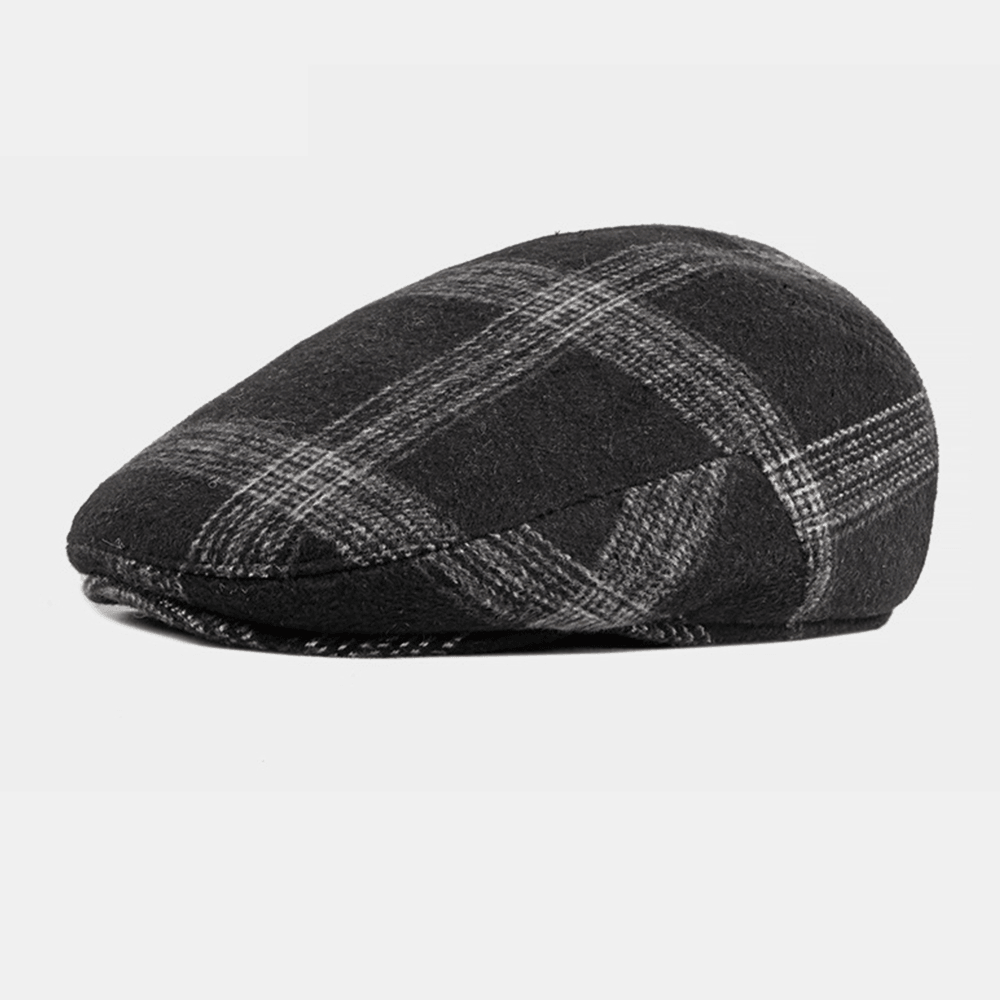 Men Felt Ear Protection Winter Outdoor Plaid Pattern Warm Universal Beret Hat Forward Hat - MRSLM