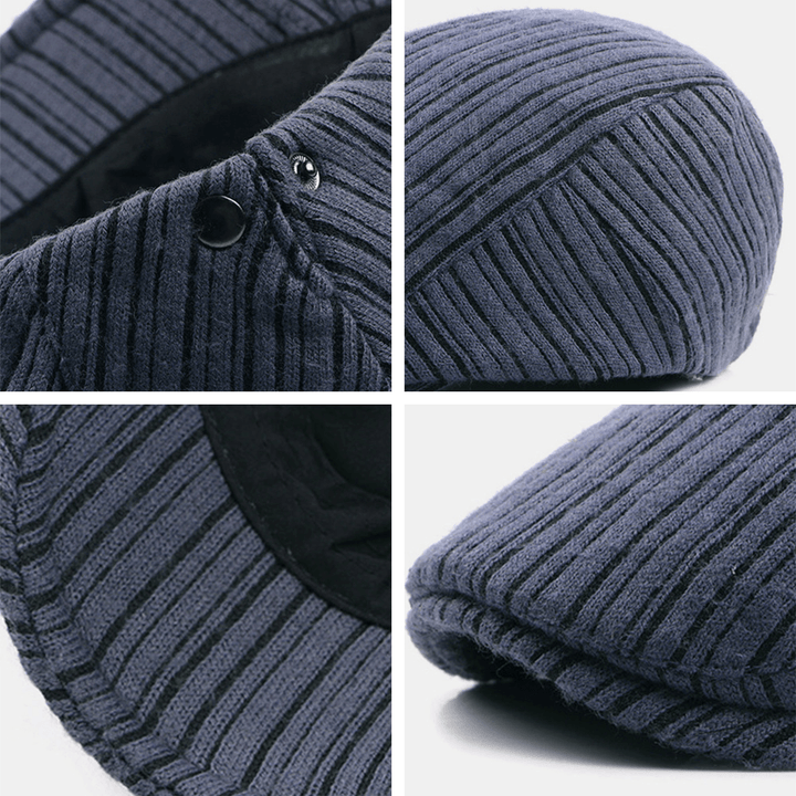 Unisex British Retro Stripe Pattern Knitted Hat Autumn Warm Sunshade Adjustable Beret Cap Flat Hat - MRSLM