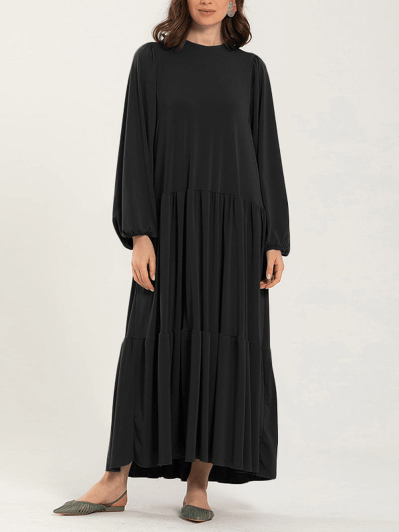 Women Solid Color Puff Sleeve Loose Layered Tiered Casual Maxi Dress - MRSLM