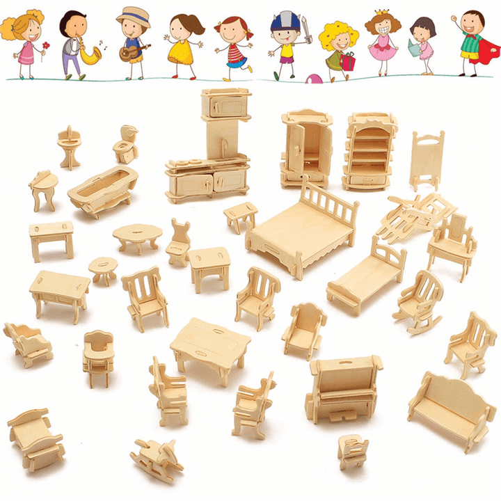 34 Pcs 3D DIY Wooden Miniature Dollhouse Furniture Model Unpainted Suite Toys - MRSLM