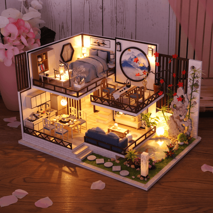 M-029 Chinese Style Wooden DIY Handmade Assemble Doll House Miniature Furniture Kit with LED Effect Toy for Kids Birthday Xmas Gift House Decoration - MRSLM