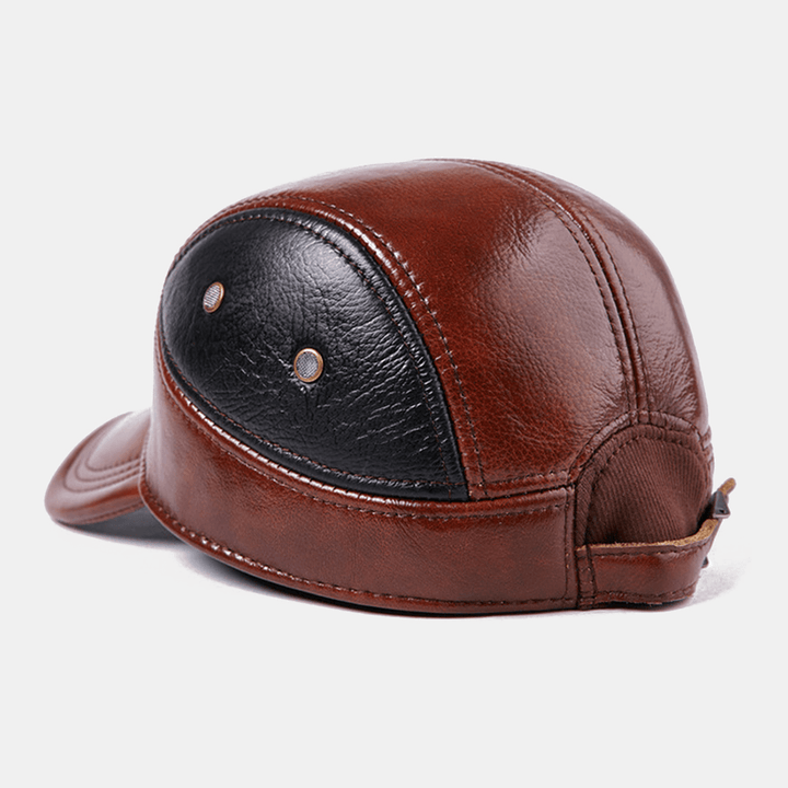 Men'S Hat Cap Warm Ear Protection Genuine Leather Leather Hat Cotton Hat Thickening Baseball Cap - MRSLM