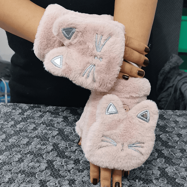 Women Plush plus Thicken Cute Cartoon Cat Pattern Keep Warm Half-Finger Gloves - MRSLM