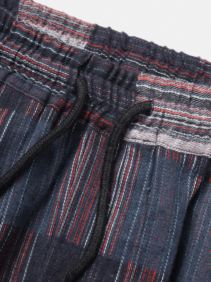 Mens Cotton Vintage Plaid Stripe Pocket Drawstring Jogger Pants - MRSLM