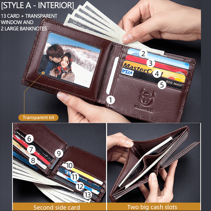 Men Horizontal Vertical Wallets Bifold RFID Anti-Theft Brush Multi-Card Slot Card Holder Money Clip Cowhide Wallets - MRSLM