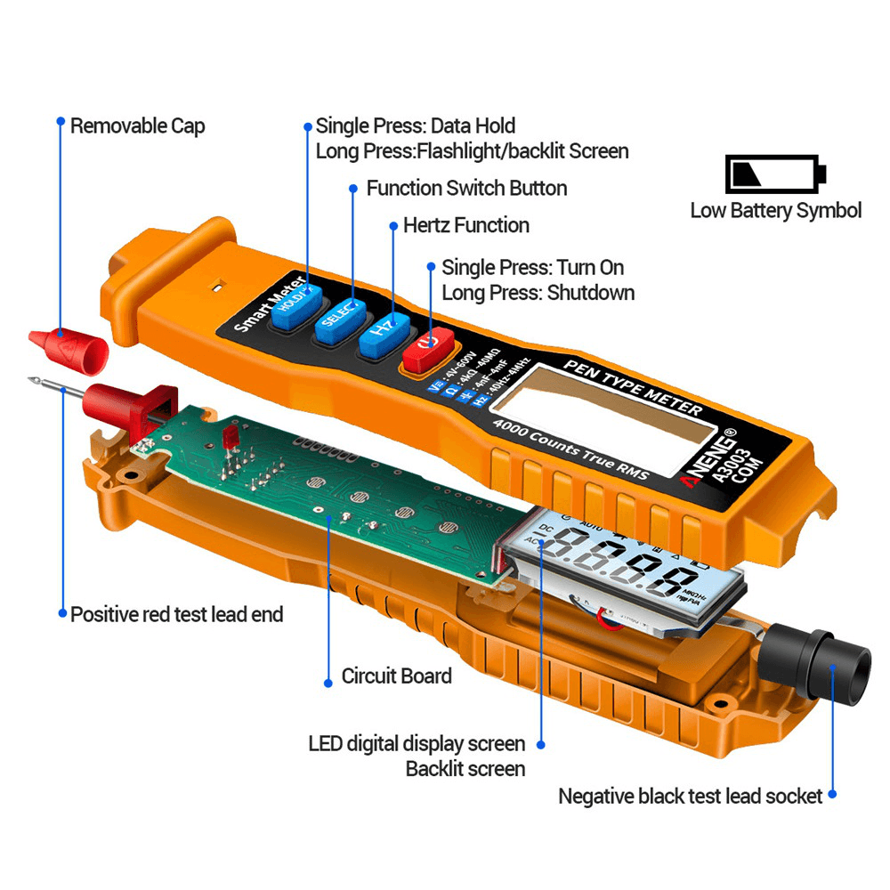 ANENG A3003 Digital Pen Multimeter Professional 4000 Counts Smart Meter with NCV AC/DC Voltage Resistance Capacitance Testers - MRSLM