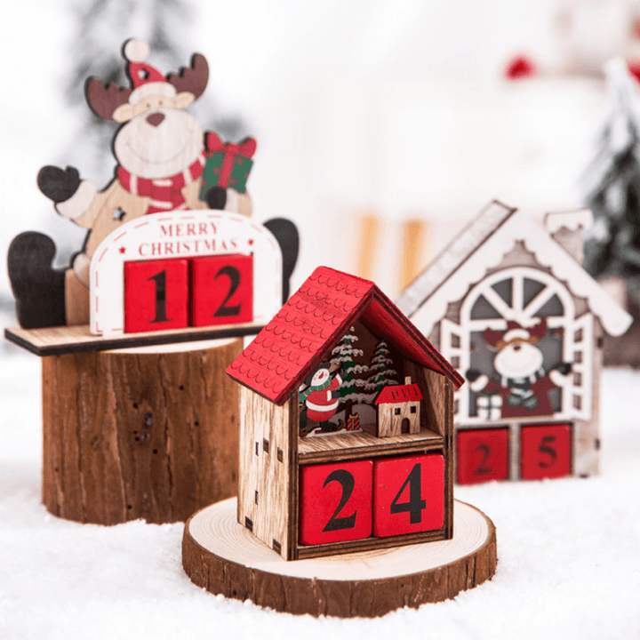 Christmas Advent Calendar LED Light up Wood House Santa Claus Snowman Home Decoration - MRSLM