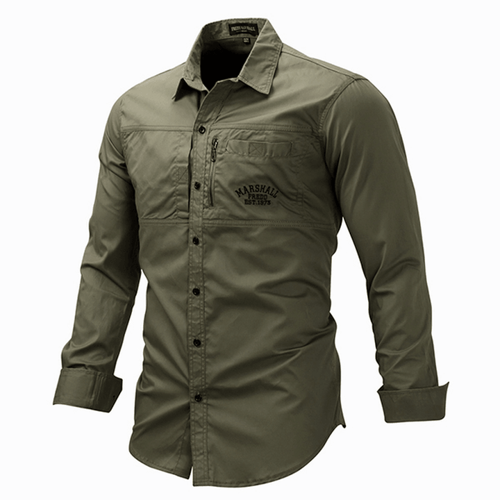 Outdoor Military Style Chest Zipper Pocket Long Sleeve Lapel Cotton Work Shirt for Men - MRSLM