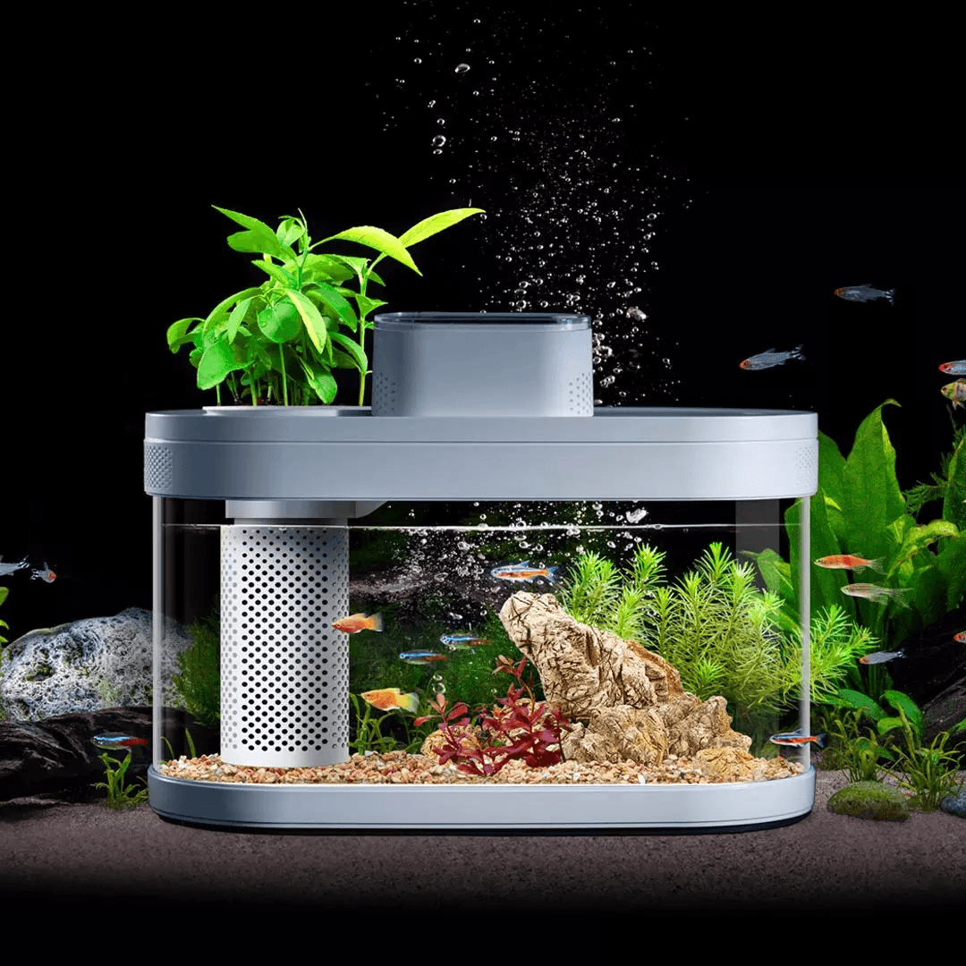 Descriptive Geometry Fish Tank from Smart Feeder 7 Colors LED Light Self-Cleaning High Efficiency Filtration Mini Aquarium with App Control - MRSLM