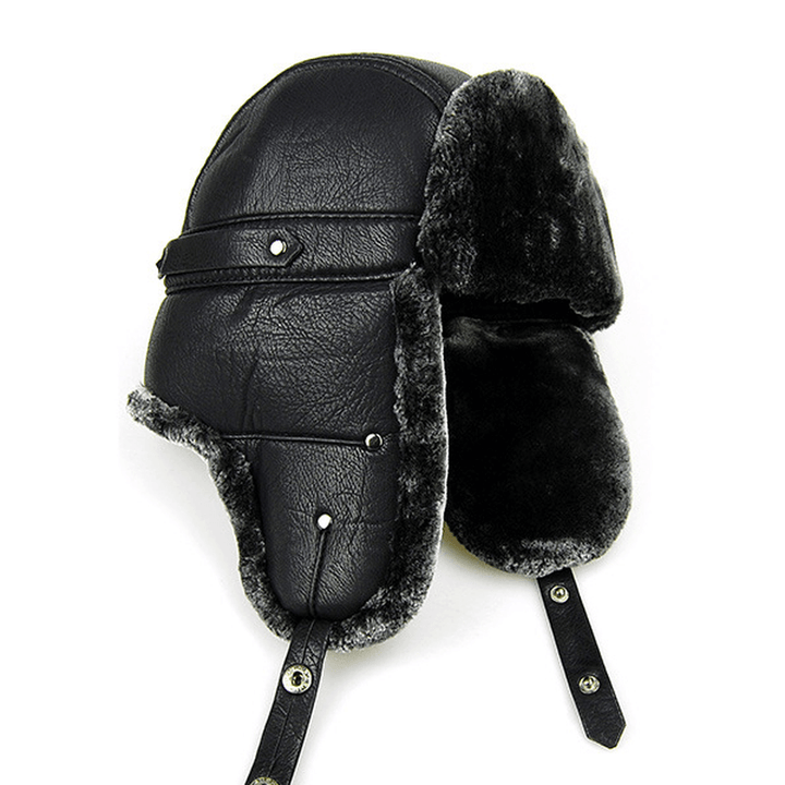 Unisex PU Leather Earflap Ear Muff Hat Faux Fur Plush Linen Buckle Pilot Trapper Cap - MRSLM