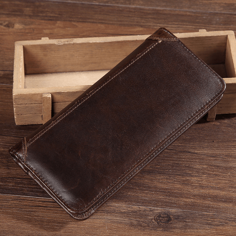 Men Retro Long Bifold Genuine Leather Wallet Casual 12 Card Slot Card Holder Money Clip Clutch Bag - MRSLM