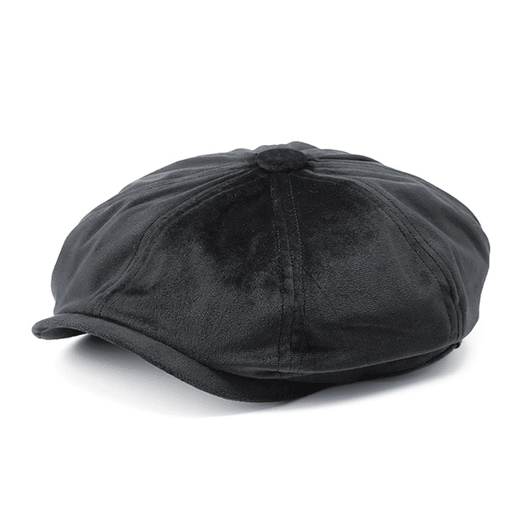 Men'S Solid Velvet Octagonal Cap Winter Warm Casual Newsboy Gentleman Cabbie Hats - MRSLM