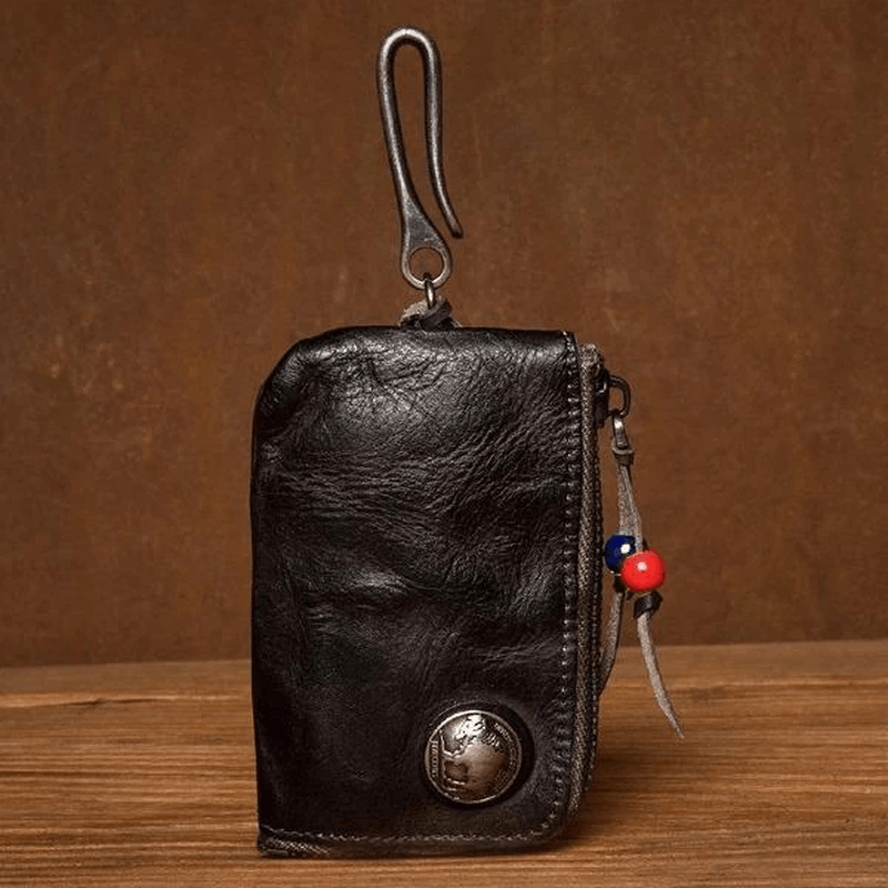 Men Genuine Leather Vinatge Car Key Wallet Texture Wear-Resistang Key Case Coin Purse - MRSLM