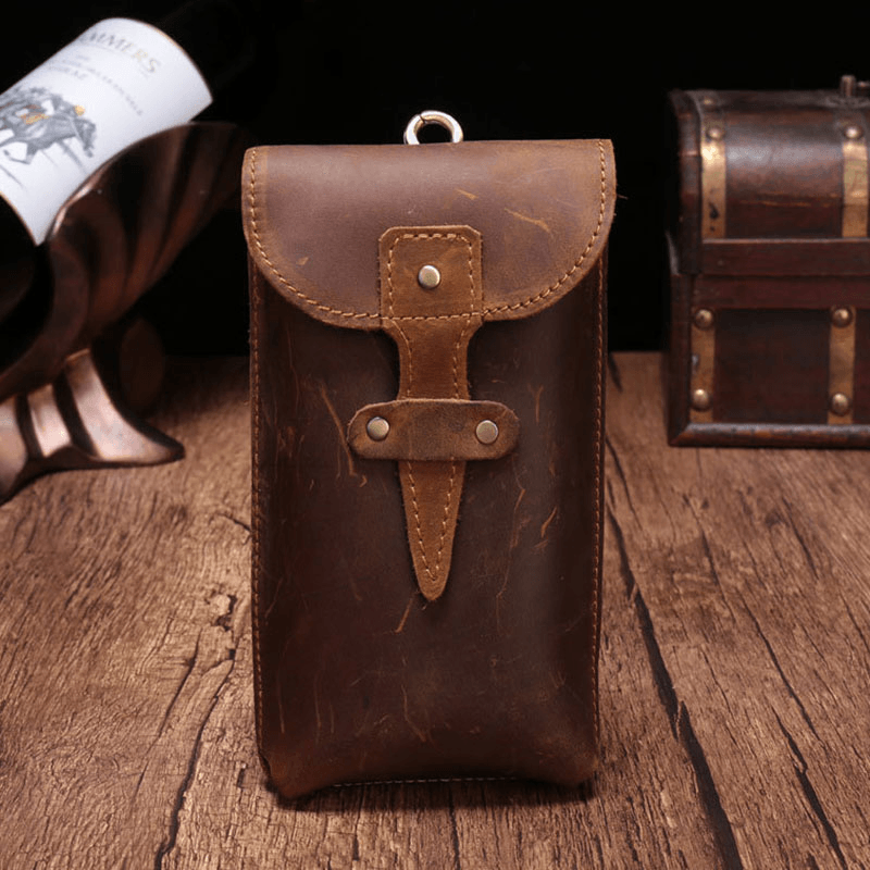 Men Genuine Leather Waterproof Vintage Casual 5.8 Inch Phone Bag Cowhide Waist Bag with Hook - MRSLM