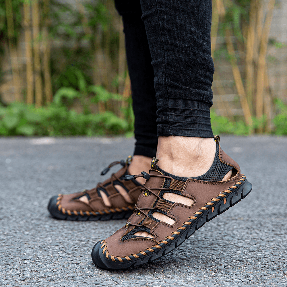 Menico Men Leather Mesh Splicing Non Slip Casual Hand Stitching Sandals - MRSLM