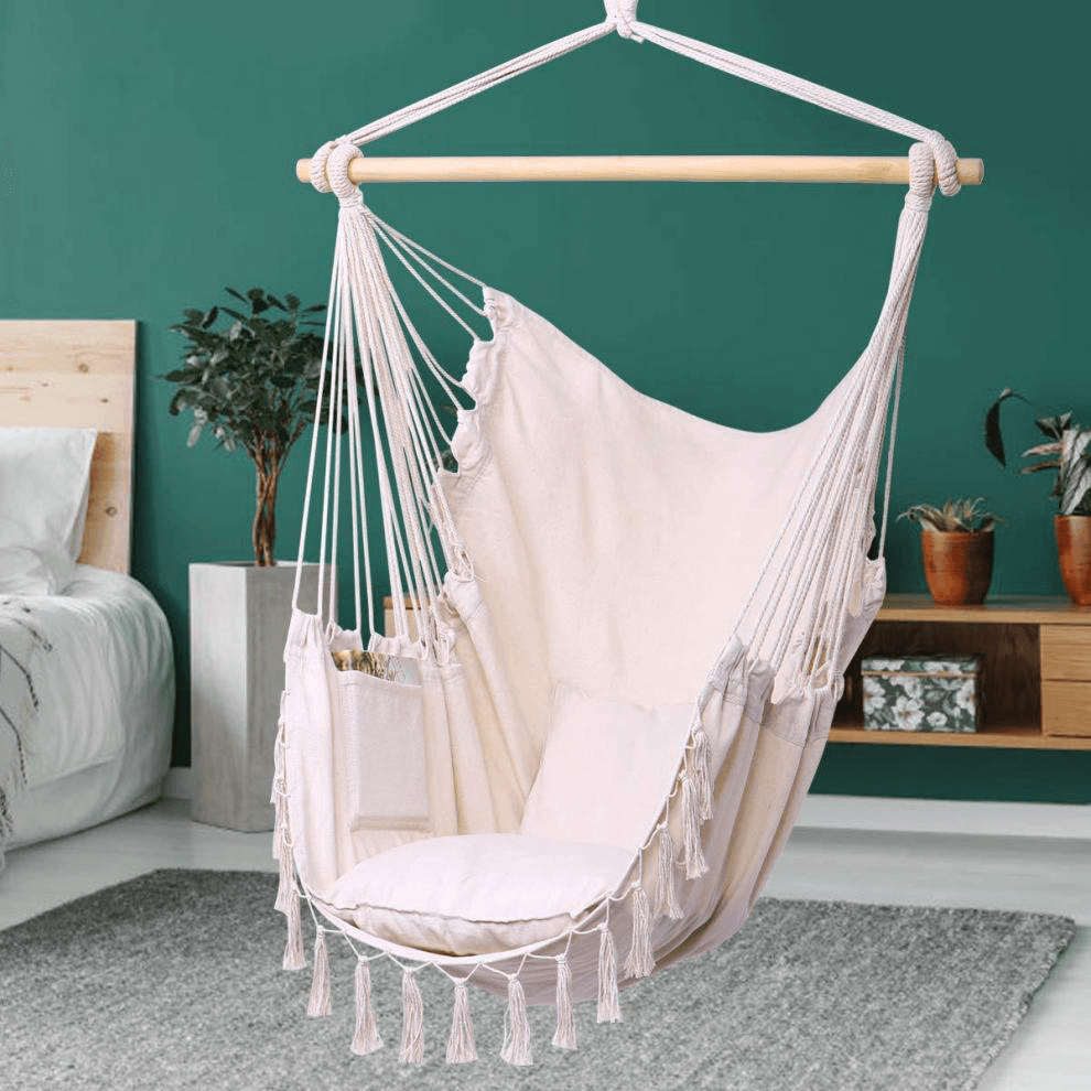 Tassel Hammock Rollover Prevention Canvas Swing Chair Hammock Hanging Seat Rope Porch Patio Garden Indoor Outdoor 100*130CM - MRSLM