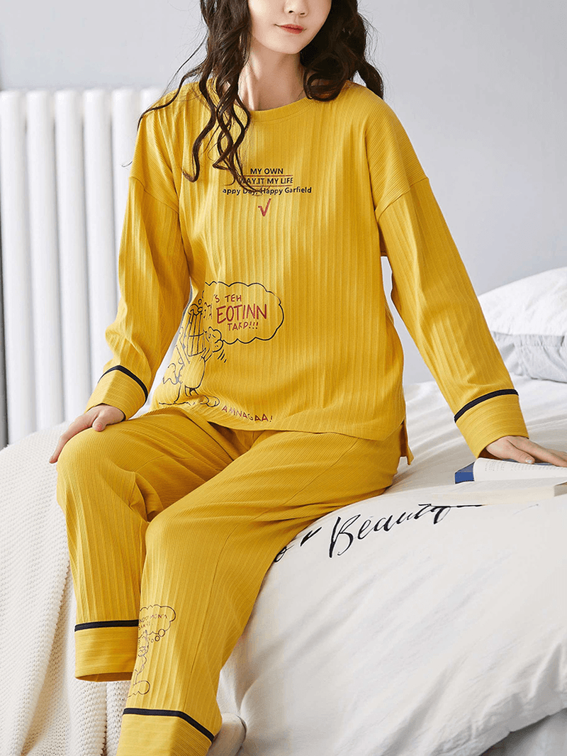 Women Ribbed Letter Print Cartoon Graffiti Pullover Elastic Waist Pocket Home Casual Yellow Pajama Set - MRSLM