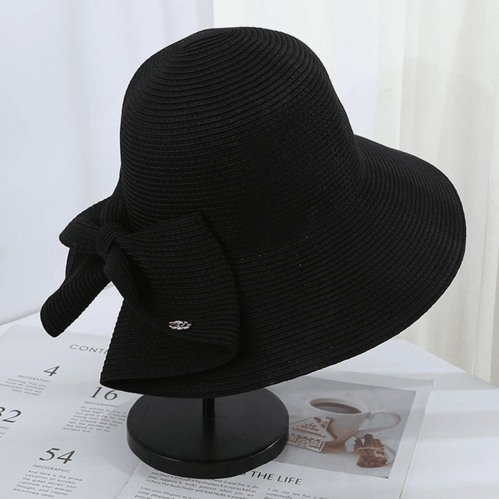 Women Foldable Rear Split Design Bow Straw Hat Adjustable Breathable Summer Casual Wild Sunshade Bucket Hat - MRSLM