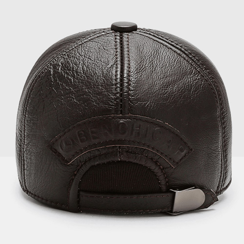 Men Genuine Leather plus Thicken Warm Outdoor Windproof Ear Protection Baseball Hat - MRSLM