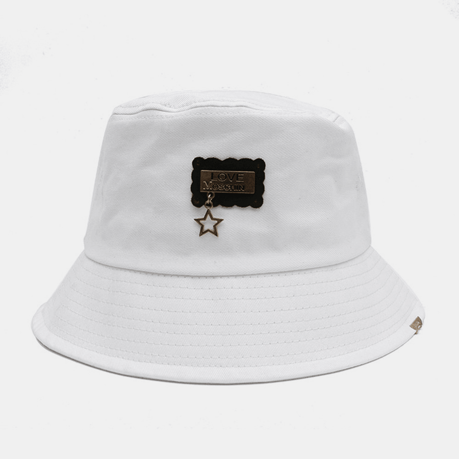 Unisex Cotton Wide Brim Metal Label Bucket Hat Outdoor Wild Five-Pointed Star Pendant Anti-Uv Sunshade Hat - MRSLM