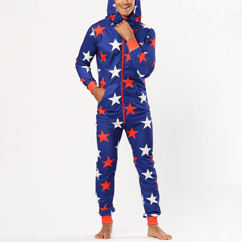 Men Funny Stars Printing Onesies Hooded Jumpsuit Loungewear Home Zip down Long Sleeve Pajamas - MRSLM