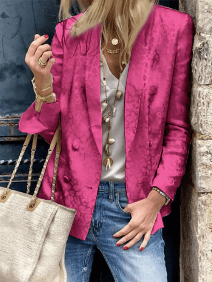 Women Solid Color Button Leopard Printed European Pocket Decoration Long Sleeve Blazer - MRSLM