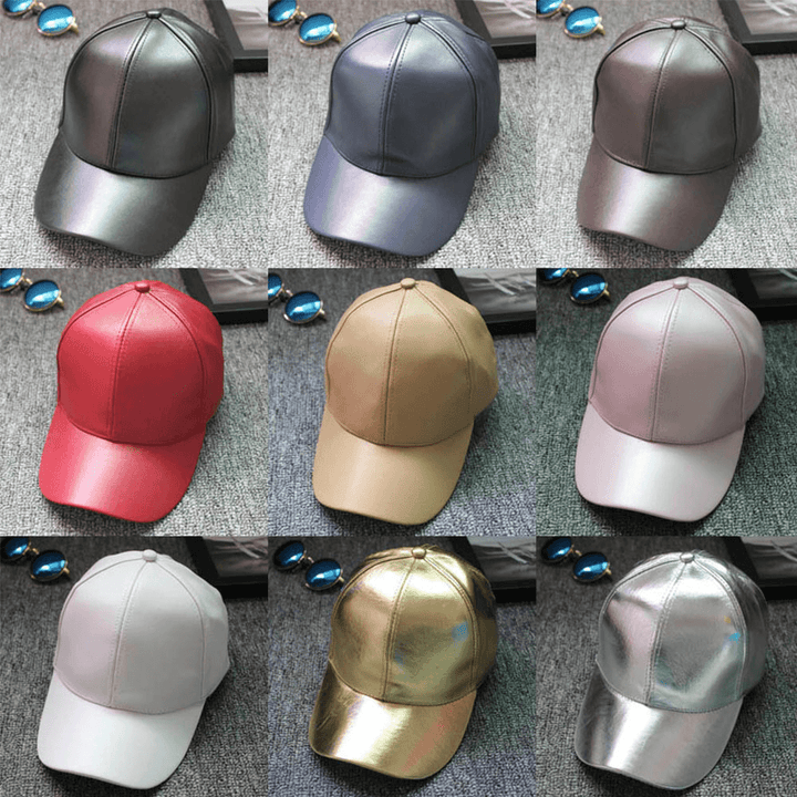 Unisex PU Leather Solid Color Light Plate Hip-Hop Style Curve Brim Visor Baseball Hat - MRSLM