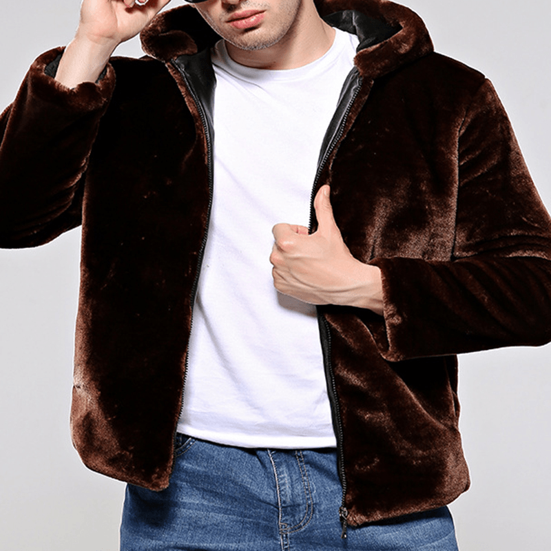 Mens Winter Warm Hooded Zipper Faux Fur Coat Jacket - MRSLM