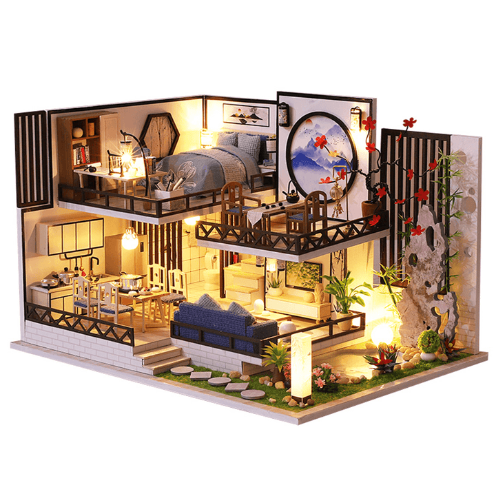 M-029 Chinese Style Wooden DIY Handmade Assemble Doll House Miniature Furniture Kit with LED Effect Toy for Kids Birthday Xmas Gift House Decoration - MRSLM