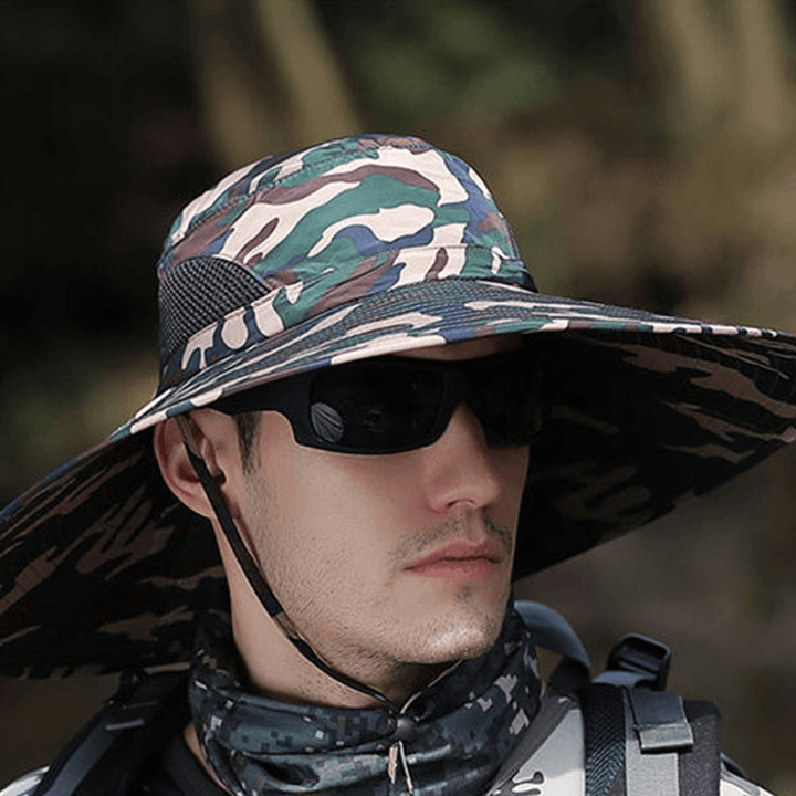 Mens UPF 50+ Bucket Hat Waterproof Mesh Breathable Sunshade Camouflage Cap Oversized Brim with String for Outdoor Fishing Hat Climbing - MRSLM