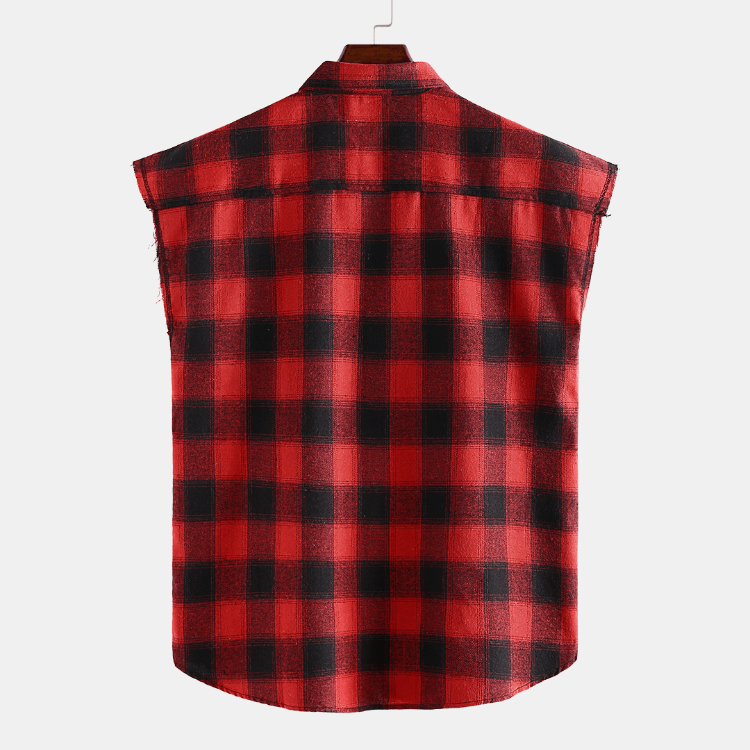 Men Plaid Sleeveless Lapel Loose Shirts - MRSLM