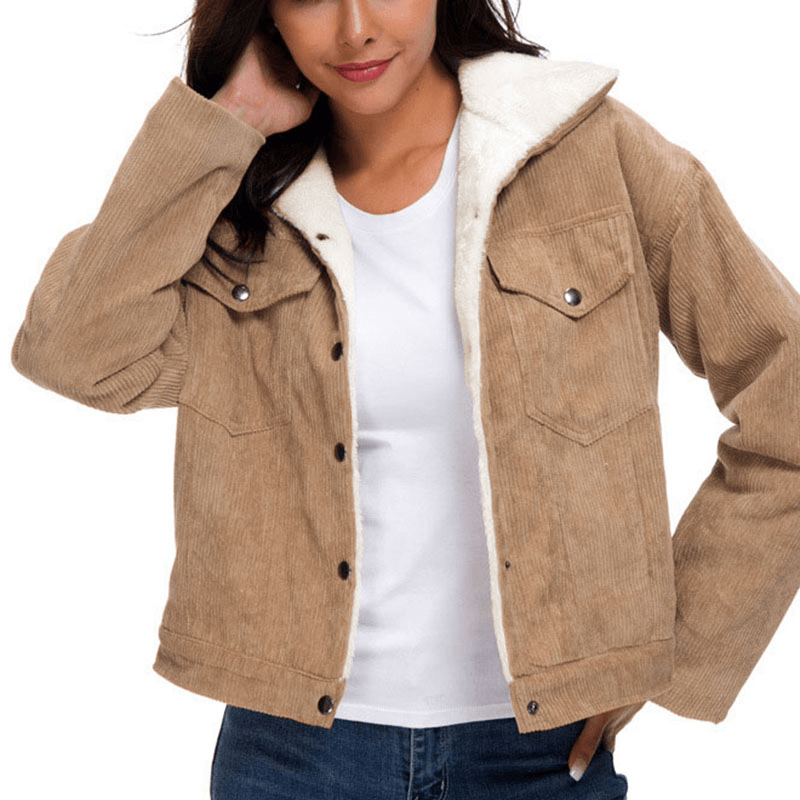 Women Faux Shearling Lined Corduroy Double Pocket Casual Teddy Jacket - MRSLM