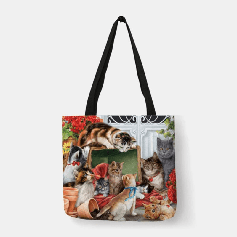 Women Canvas Cute Cartoon Oil Painting Cats Printing Waterproof Shopping Bag Shoulder Bag Handbag - MRSLM