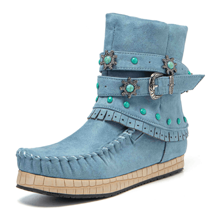 Plus Size Women Ethnic Rhinestone Tassel Flat Moccasin Short Boots - MRSLM