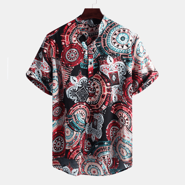 Mens Vintage Pattern Printing Short Sleeve Henley Shirts - MRSLM