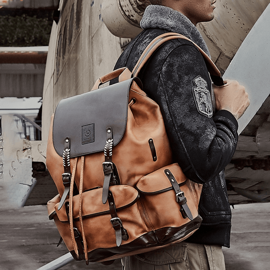 Men PU Leather Color Matching Multifunctional Multi-Pockets Backpacks Vintage Casual 15.6 Inch Laptop Bag - MRSLM