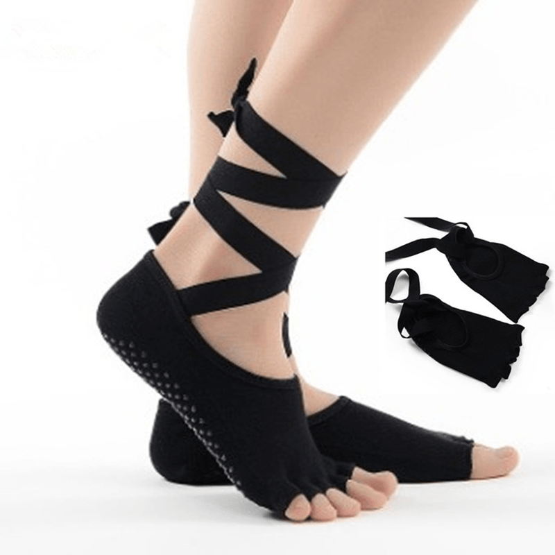 Women Ladies Five Finger Toes Yoga Socks Ballet Sports Lace Non-Slip Exposed Instep Yoga Socks - MRSLM