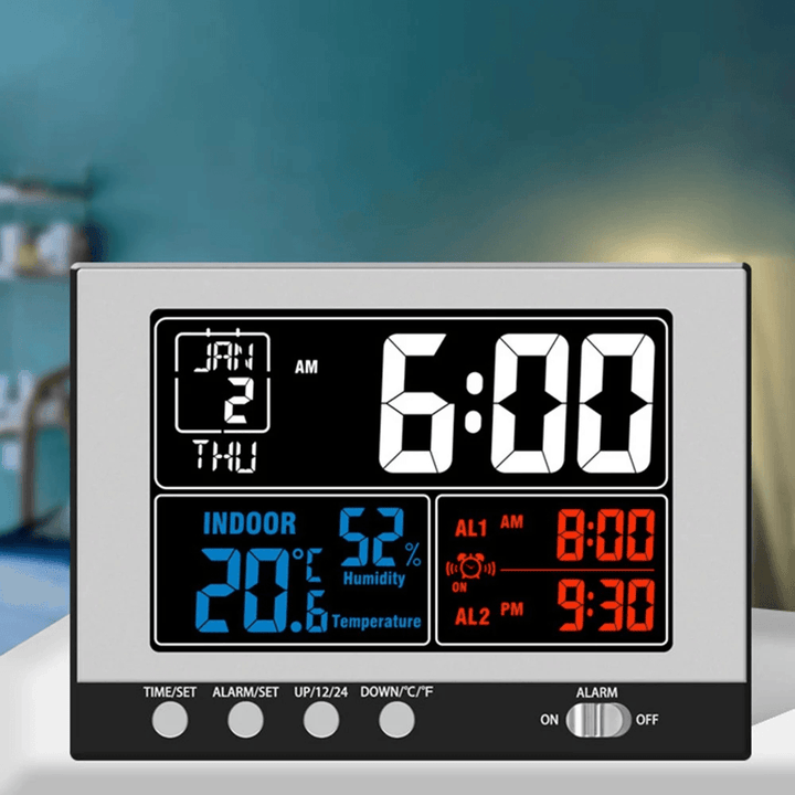 Digital Multifunctional Alarm Clock Indoor Temperature Humidity Monitor Thermo-Hygromete Large Color Display with Backlight Perpetual Calendar - MRSLM