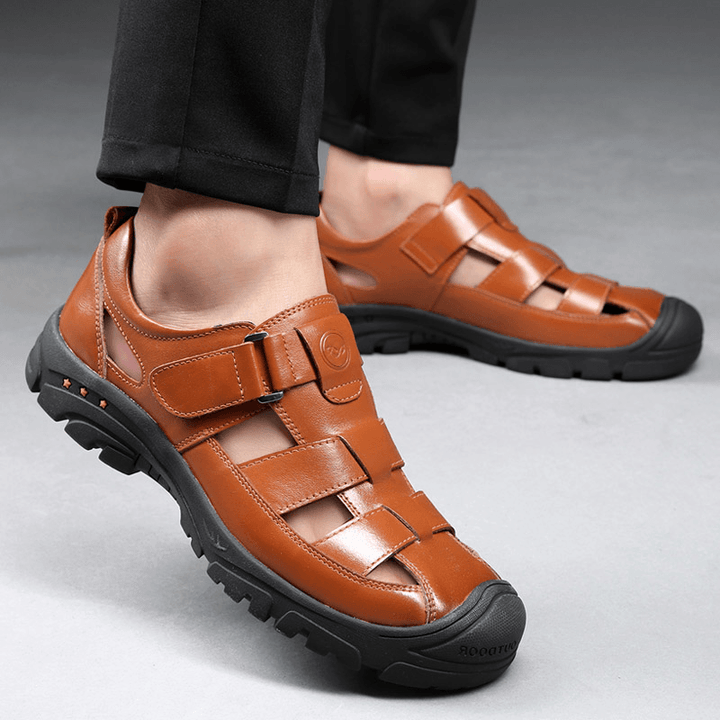 Men Cowhide Leather Breathable Hollow Out Soft Bottom Non Slip Closed Toe Casual Sandals - MRSLM