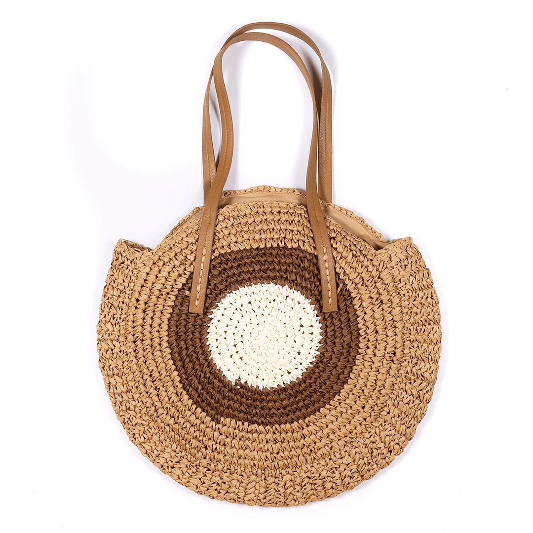 Women Beach round Straw Bag Bucket Rattan Woven Handbag Shoulder Bag Outdoor Travel - MRSLM