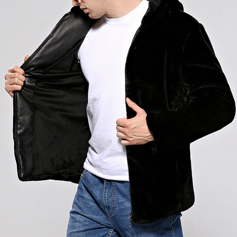 Mens Winter Warm Hooded Zipper Faux Fur Coat Jacket - MRSLM