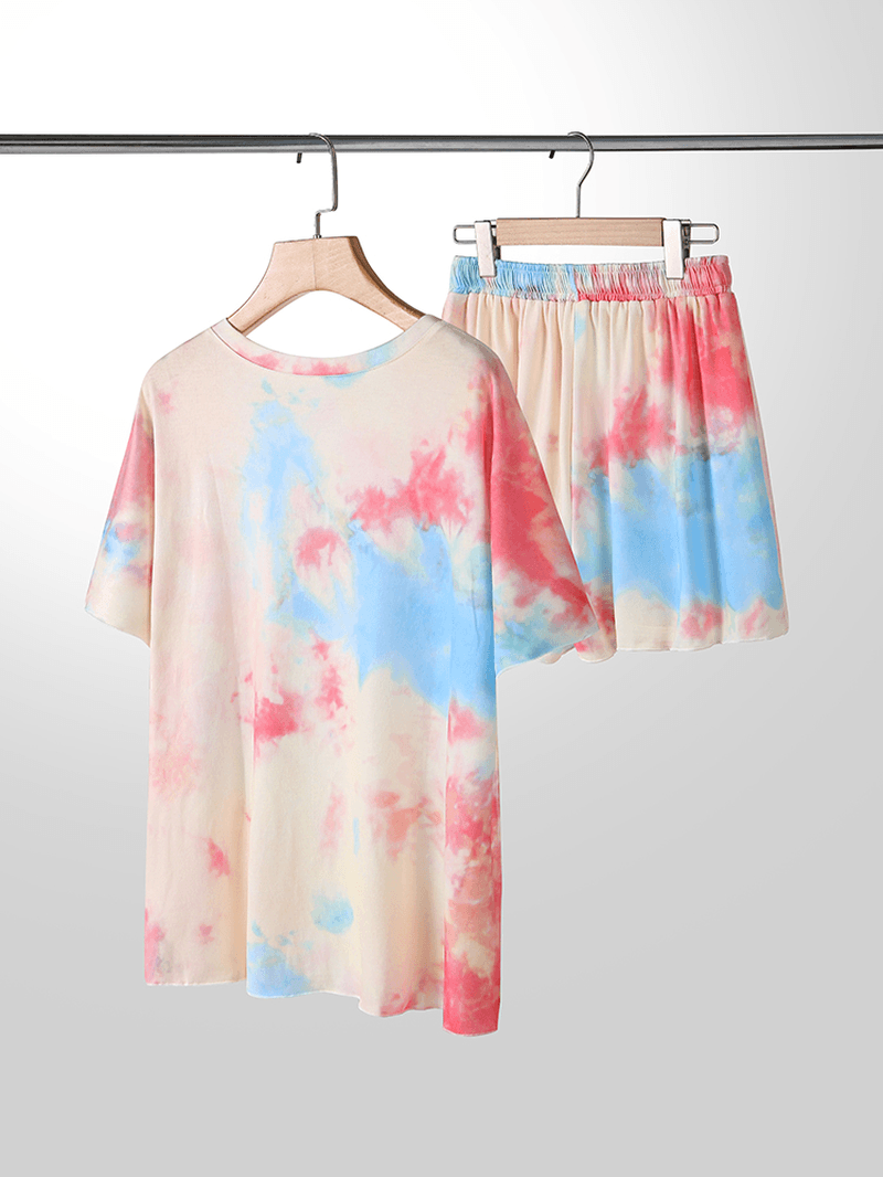 Plus Size Women Tie-Dye Short Sleeve Drawstring Casual Pajama Set - MRSLM