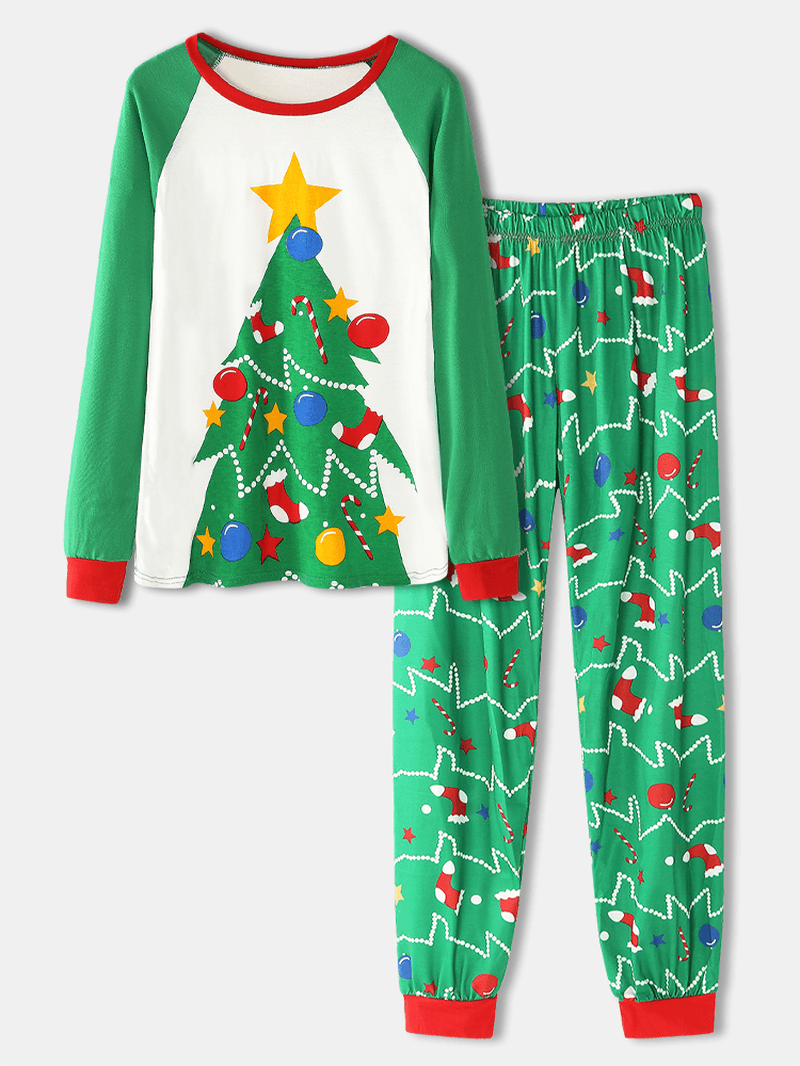 Women Cartoon Christmas Tree Print Raglan Sleeves Sweatshirts Elastic Waist Jogger Pants Home Pajama Set - MRSLM