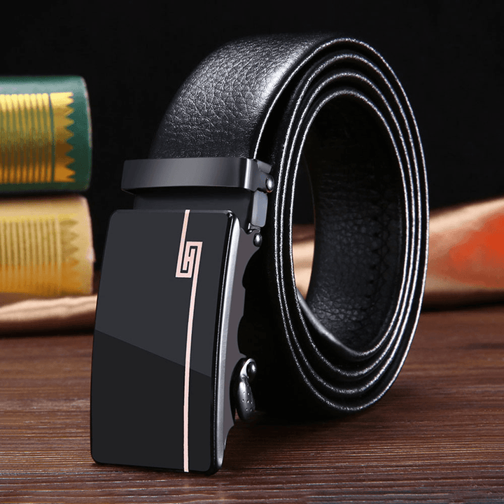 Men PU Leather Rectangular Acrylic Automatic Buckle Scratch-Resistant Business Casual Ratchet Belt - MRSLM