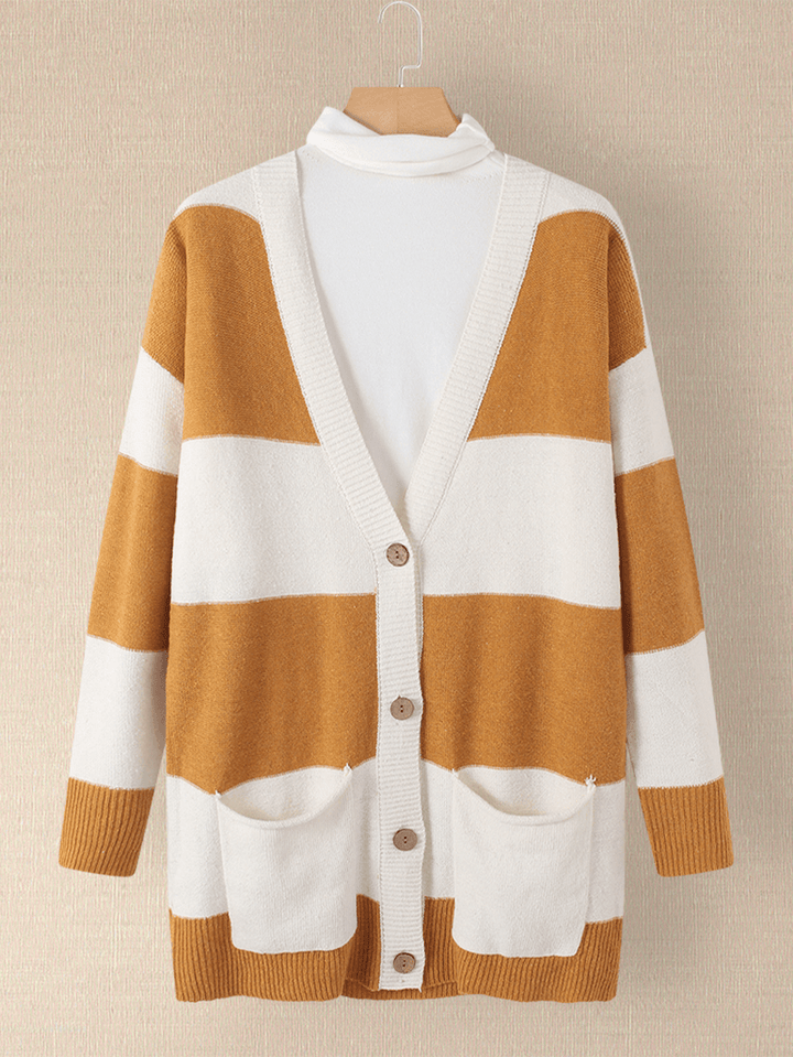 Women Striped Single-Breasted Casual Knitted Cardigan Sweater Whit Pocket - MRSLM