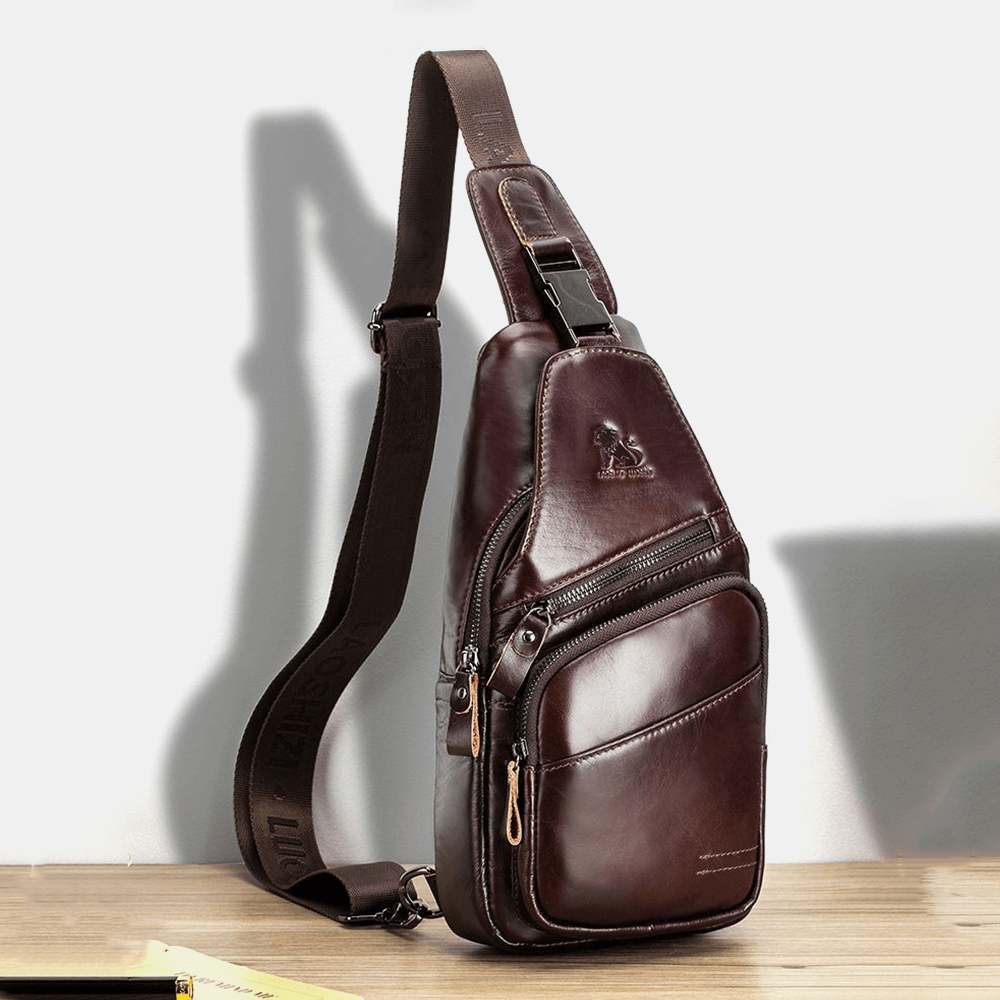 Men Genuine Leather Hasp Headphone Hole Large Capacity Vintage 6.5 Inch Phone Bag Chest Bag Crossbody Bag Shoulder Bag - MRSLM