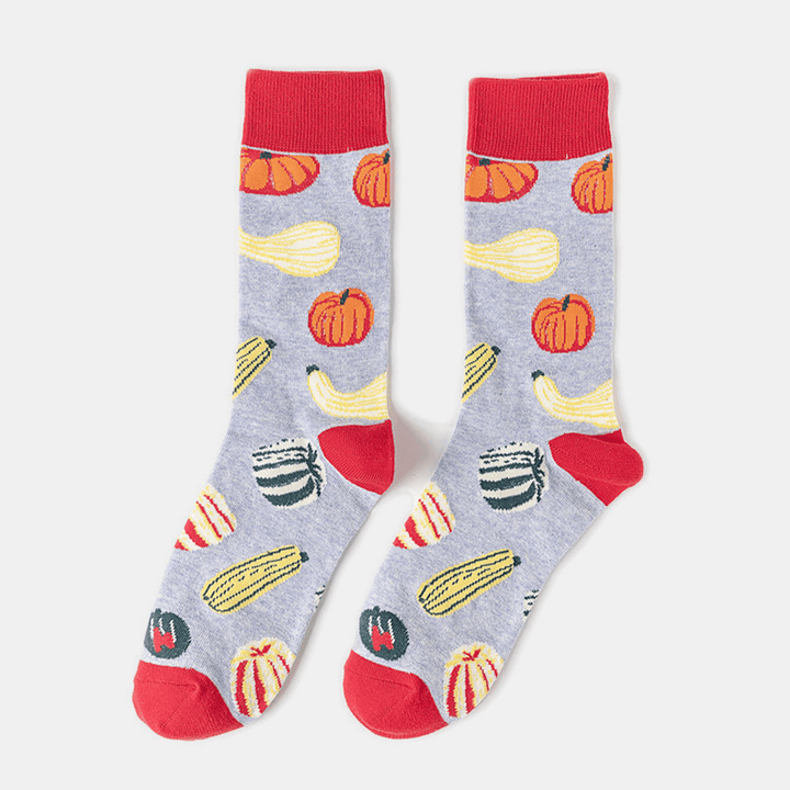 5 Pairs Men Cotton Cartoon Vegetable Fruit Rocket Pattern Jacquard Breathable Medium Tube Socks - MRSLM