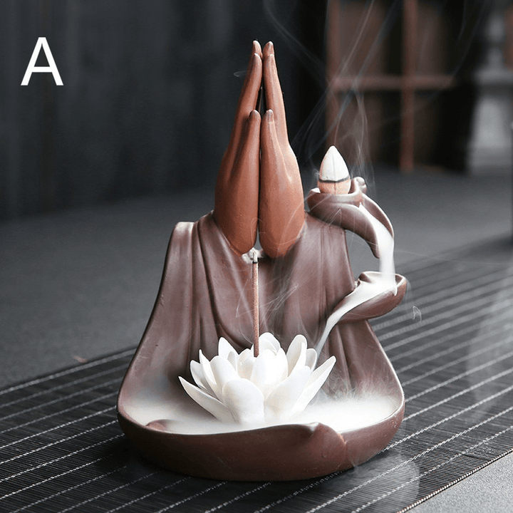 Little Monk Lotus Backflow Ceramic Cone Buddhist Incense Burner Holder Decorations - MRSLM