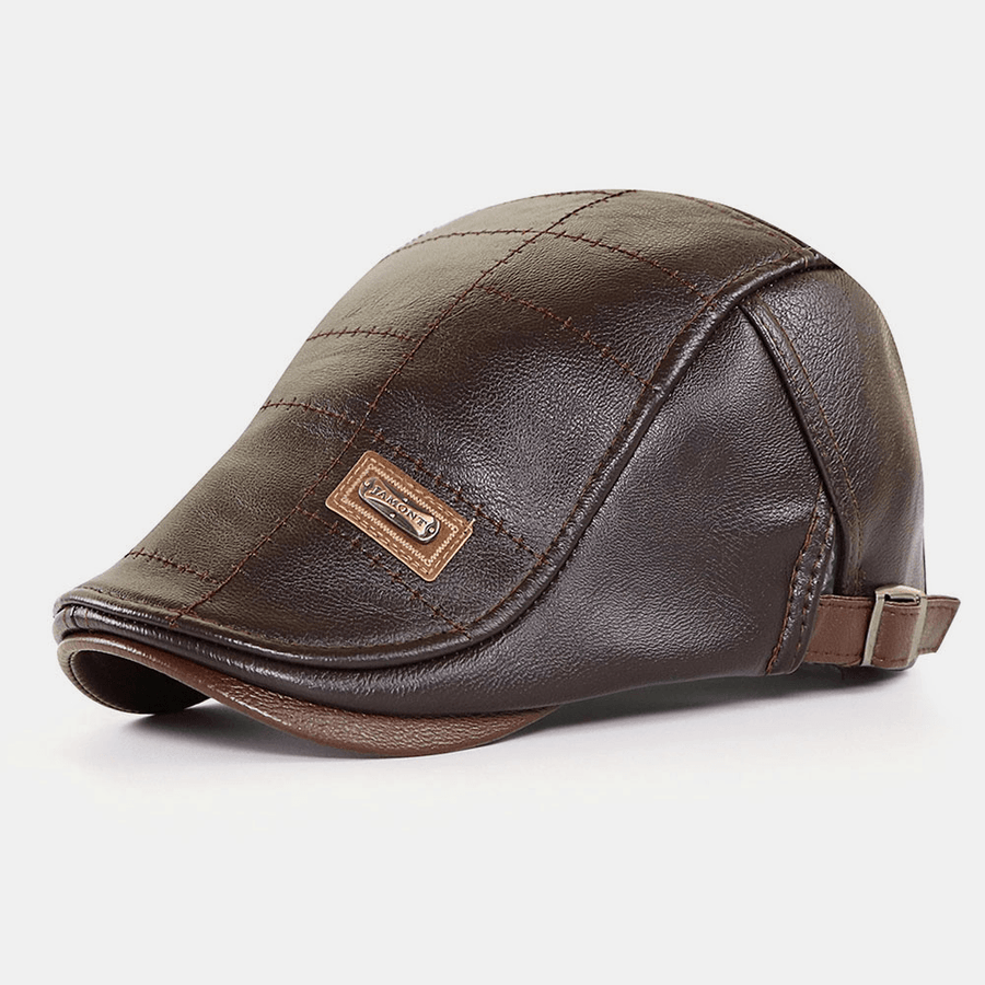 Collrown Men Faux Leather Autumn Winter Solid Keep Warm plus Velvet Fashion Leather Adjustable Beret Hat - MRSLM
