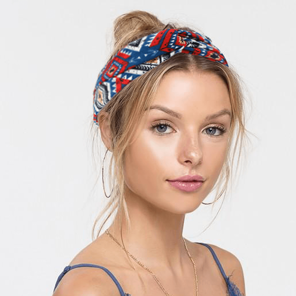 Women Bohemian Style Diamond Lattice Pattern Casual Outdoor Headdress Elastic Cross Tie Wide Brim Headband - MRSLM